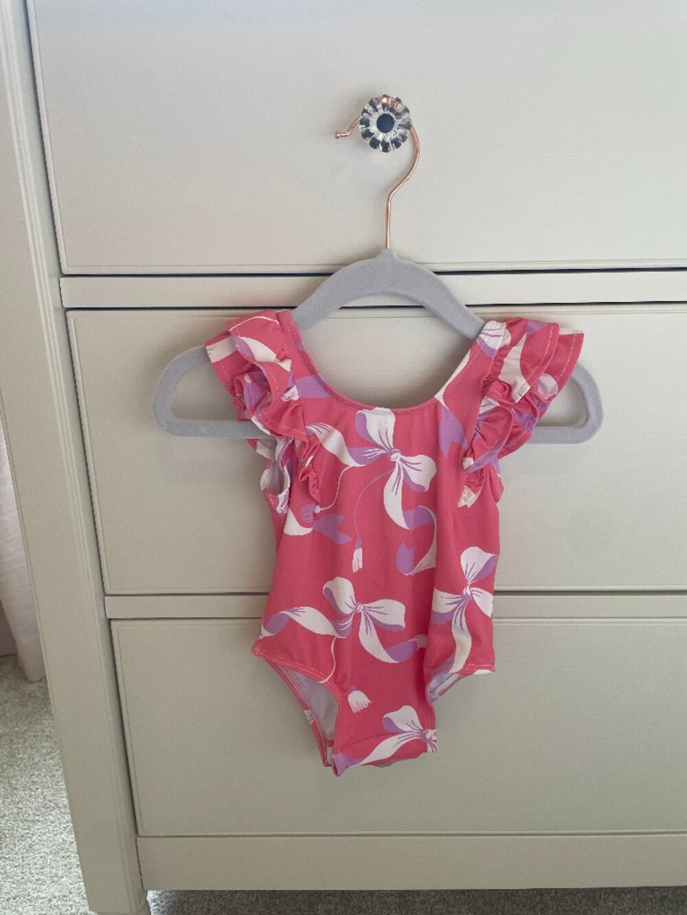 TBBC Baby Girl Pink and Purple Bow Ruffle Swimsuit Size 6-12M NWOT